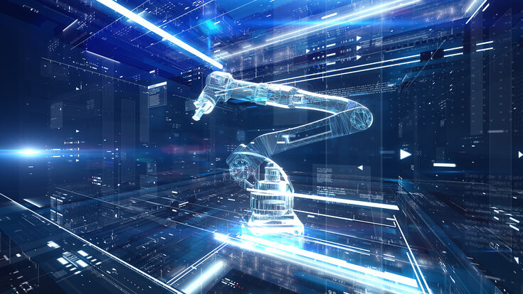 © Getty Images Digital generated image of hologram of robotic arm in virtual digital world.