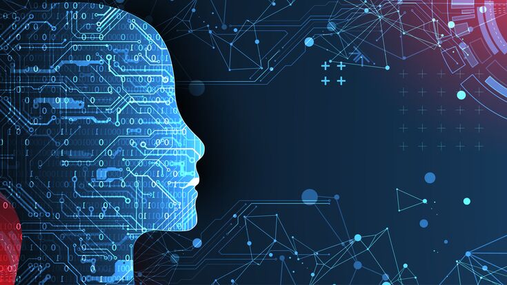 © stock.adobe.com Artificial Intelligence. Technical background with a silhouette of a man. Big data concept. Machine cyber mind.